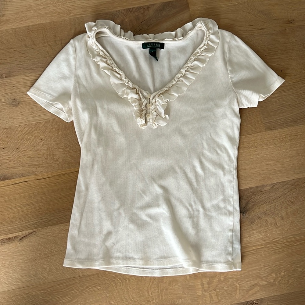 Lauren Ivory short sleeve cotton Ruffle Shirt